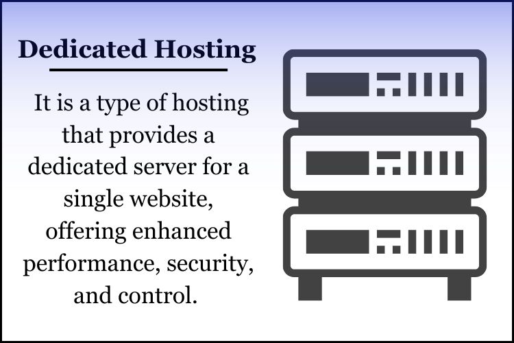 Dedicated hosting is a type of hosting that provides a dedicated server for a single website, offering enhanced performance, security, and control.